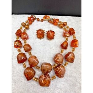 Vintage Marvella Necklace Earrings Set  Chunky‎ Orange 15"